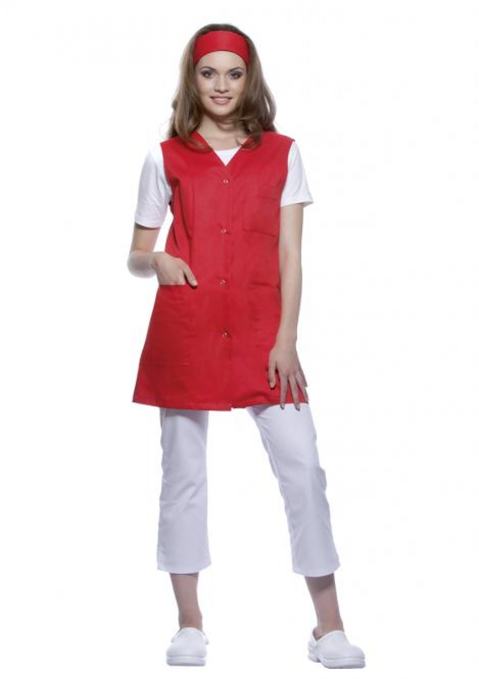 Uniforma curatenie hotel bluza camerista, tip vesta, model uni, cu anchior si capse Uniforma curatenie hotel bluza camerista, tip vesta, model uni, cu anchior si capse